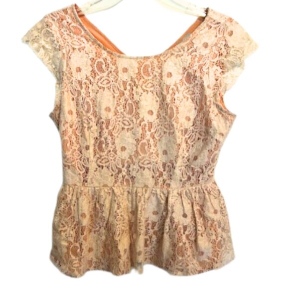 Anthropologie Maeve Katrine Lace Peplum Top Cap Sleeve Lined Blouse Nude Small - Picture 1 of 6